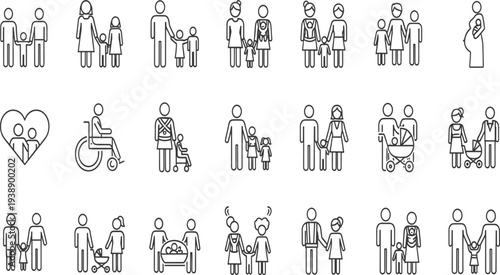 Family, diverse, inclusive, outline, icon, set, parents, children, baby, pregnant, wheelchair, stroller, adoption, love, community, vector, illustration, line, art, collection