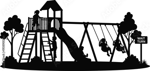 Black silhouette of kids playing on a playground with a slide and swings featuring a wait your turn sign for manners