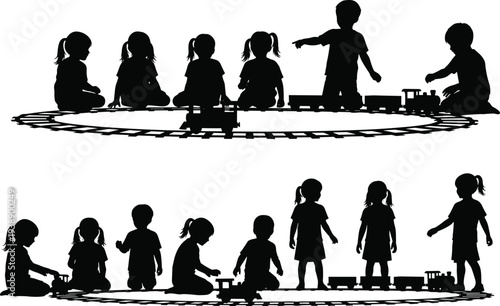 Black silhouette of kids playing with toy trains on tracks preschool children group sitting and standing together having fun isolated