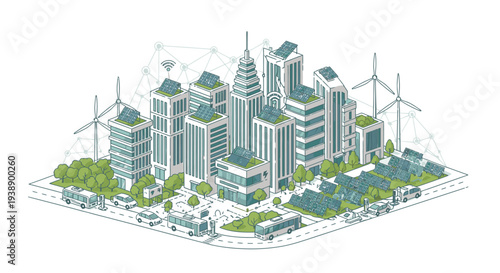 Isometric illustration of a futuristic cityscape with skyscrapers, wind turbines, and green spaces on a white background with a modern and sustainable mood.