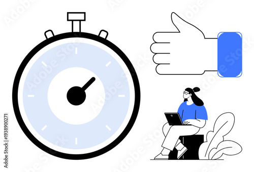 Time management concept. Stopwatch, thumbs-up gesture, and a woman using a laptop highlight productivity and time efficiency. Time management for task planning, schedules, remote work, productivity
