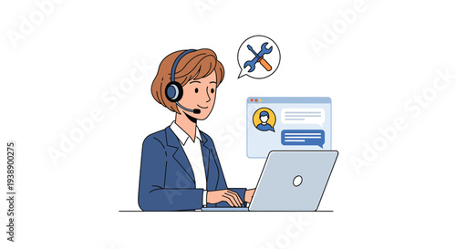 Cartoon illustration of a customer service representative wearing a headset while working on a laptop with a chat window on the screen against a clean white background.
