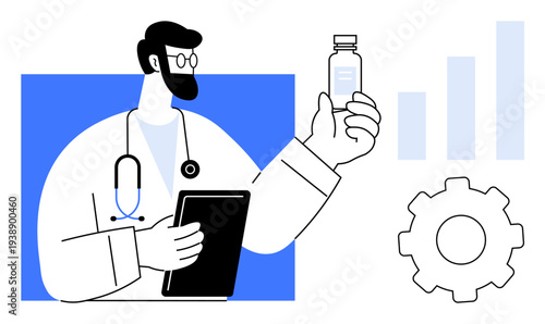Healthcare professional. Healthcare with a doctor holding medication and using technology. Healthcare integrates innovation, data-driven decisions. For medical, research, technology