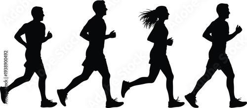 Black silhouette of male and female runners jogging together on white background, group of athletes in motion for marathon and fitness