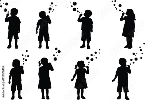 Black silhouette of little boys and girls blowing soap bubbles, happy childhood play, kids isolated on white background, vector illustration.