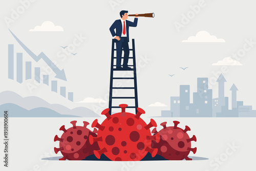 Businessman with telescope on ladder above coronavirus looking for future opportunities and economic recovery after financial crisis and COVID-19 pandemic, business vision and leadership concept.