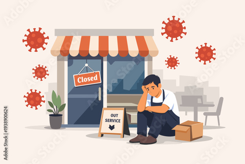 Sad small business owner sitting in front of his closed shop during the COVID-19 coronavirus pandemic, economic impact of social distancing, bankruptcy and unemployment crisis vector concept.