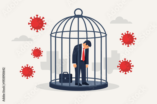 Sad Businessman Trapped in a Birdcage During Coronavirus COVID-19 Lockdown Representing Economic Crisis, Unemployment, and Business Impact. Professional in Quarantine Isolation and Depression.