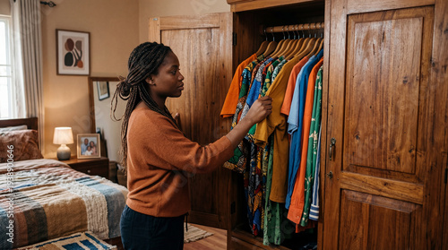 A woman selects an outfit f...