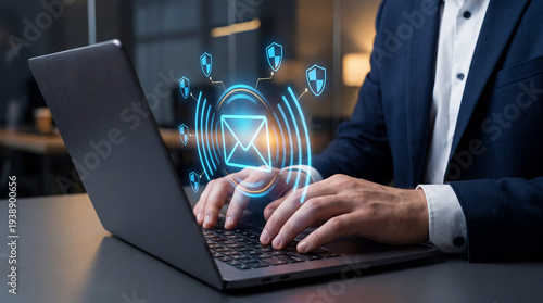 Email security solution. Automated secure mail scanning system and data protection. Businessperson using laptop for sending and receiving e-mail with secure authentication.