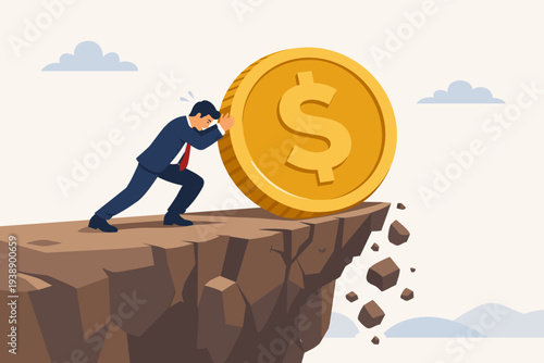 Businessman in a suit pushing a giant gold dollar coin towards the edge of a crumbling cliff, representing financial risk, debt burden, economic crisis, bankruptcy, and investment failure.