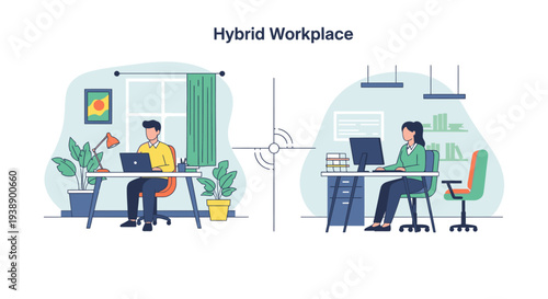 Illustration of two coworkers working remotely in a hybrid workplace setup with laptops and office furniture.
