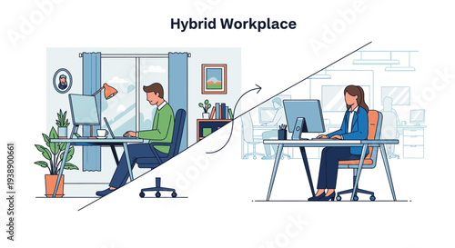 Illustration of two office workers using computers in a hybrid workplace setting with a divided space.