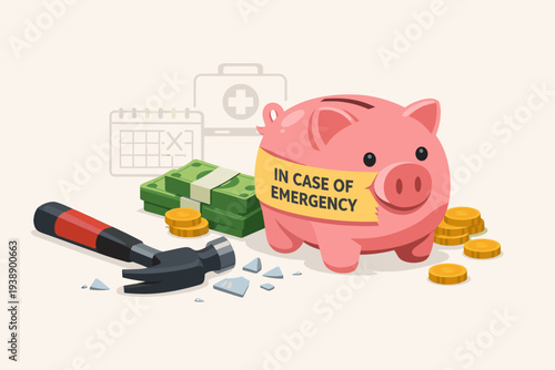 Emergency Fund Concept Illustration with Pink Piggy Bank, Cash, Coins, and Hammer for Financial Crisis, Job Loss, Medical Expenses, or Unexpected Accidents. Backup Plan for Savings and Security.