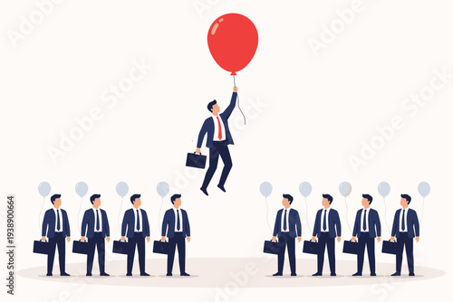 Ambitious Businessman Flying with a Large Red Balloon Above a Group of Competitors, Concept of Differentiation, Success, Innovation, Standing Out from the Crowd, and Unique Career Achievement.