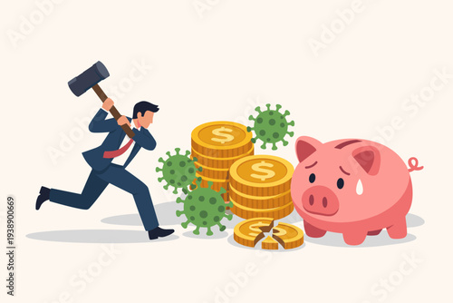 Businessman in suit smashing a piggy bank and gold coins with a hammer during the coronavirus COVID-19 pandemic economic crisis, concept of financial debt, bankruptcy, and loss of savings.