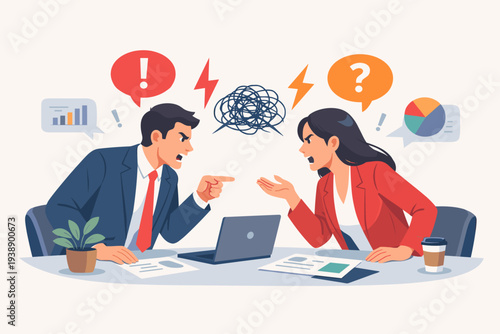 Business colleagues man and woman having a heated argument in office meeting, workplace conflict and disagreement over data charts, angry coworkers shouting across desk with laptop and papers.