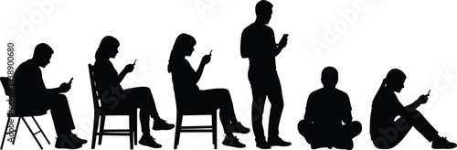 Black silhouette of people using smartphones while sitting and standing, men and women looking at mobile phones on white background