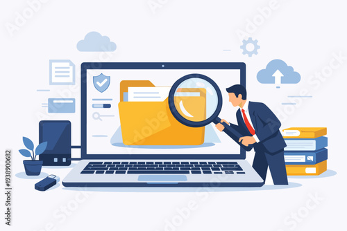Professional man searching digital folders on a laptop with a magnifying glass for file management, cloud storage backup, data security scan, and document organization in a flat vector style.