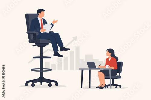 Gender Gap and Inequality in Workplace Concept with Man Sitting on High Office Chair Over Woman at Desk, Representing Pay Gap, Career Advantage, Power Imbalance, and Corporate Hierarchy Disparity