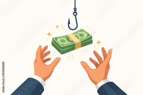 Financial fraud and investment scam concept with hands reaching for a stack of money on a fishing hook, representing a Ponzi scheme, illegal bait, business trap, greed, and deceptive crime.