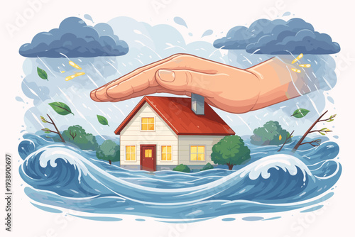 House Insurance Protection Concept with a Giant Hand Sheltering a Home from a Severe Storm, Flood, and Natural Disaster, Symbolizing Property Safety, Security, and Emergency Coverage Services.