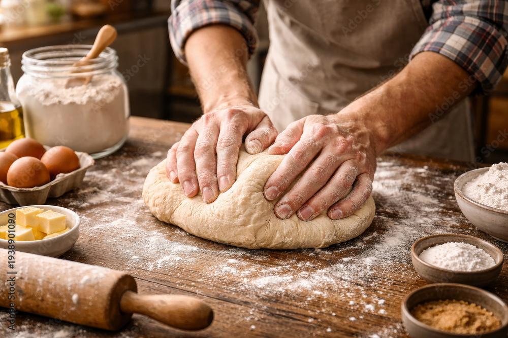 Fototapeta premium Hands kneading fresh dough on wooden table with flour, eggs and butter while preparing homemade bread or pizza.