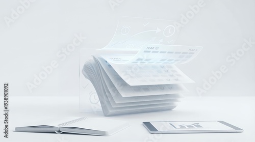 Transparent stack of documents on a white table with a tablet and notebook.