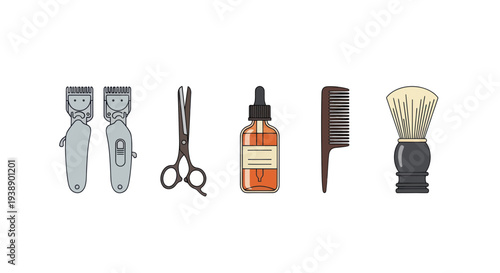 Barber Tools Set: Clippers, Scissors, Oil, Comb, Shaving Brush - Flat Design Icons