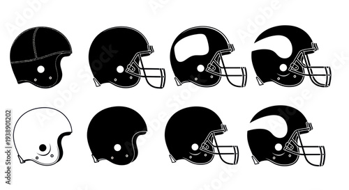 Collection of American Football Helmets, Vintage and Modern Styles, Black and White
