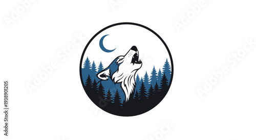 Wolf howling at crescent moon in pine forest circle logo