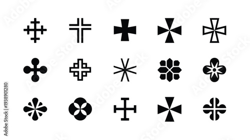 Set of 15 unique cross and asterisk symbols in black on white background for graphic design
