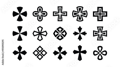 Collection of 12 diverse black cross symbols in various styles on white background vector graphics