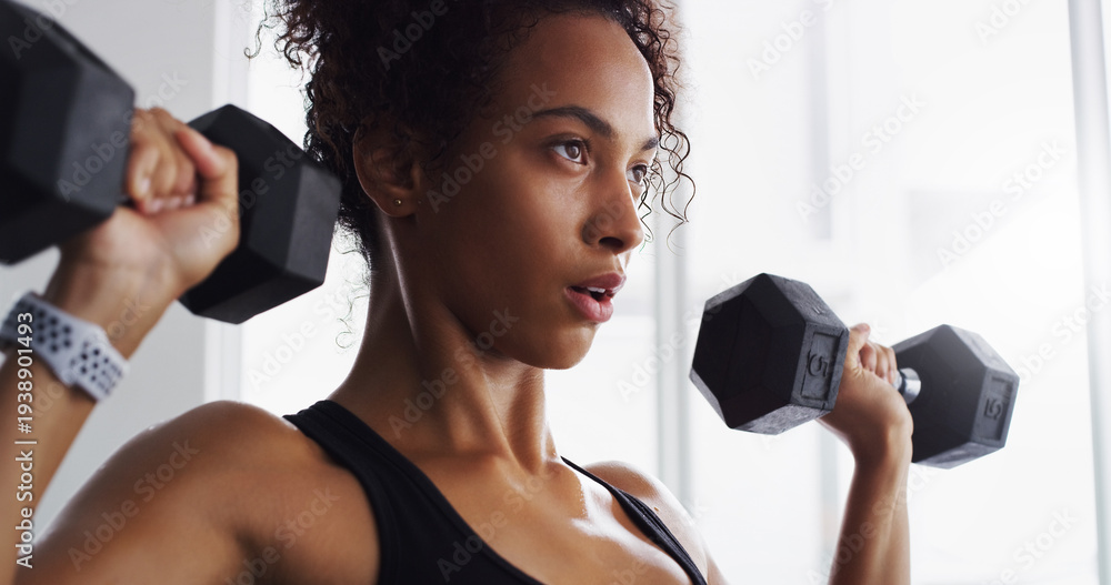 Obraz premium Serious, dumbbells or woman in gym for fitness, strength challenge or bodybuilding for muscle development. Workout, concentration or African athlete with weightlifting exercise, endurance or active