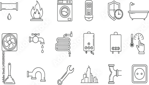 Set of plumbing and home maintenance icons featuring repair tools, water pipes, heating systems, drainage solutions, bathroom fixtures, and domestic services.