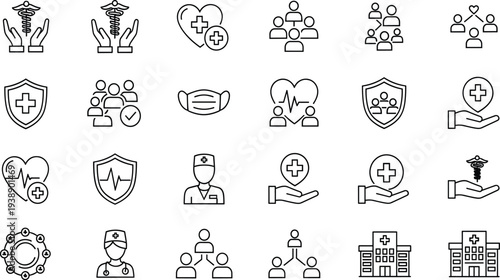 Set of healthcare icons, medical service symbols, hospital clinic building, doctor nursing staff, health insurance protection, patient care and wellness.