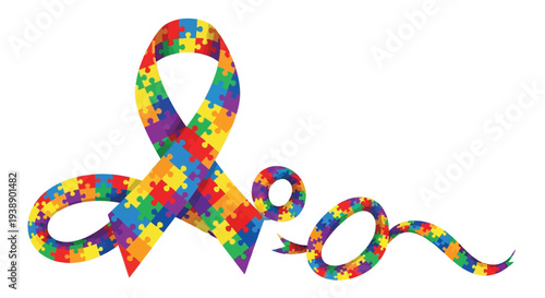 A colorful ribbon composed of jigsaw puzzle pieces symbolizes autism awareness