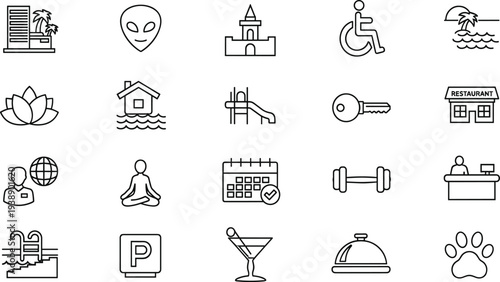 Set of travel and hotel icons including resort facilities, vacation amenities, luxury stay services, recreation activities, leisure symbols, and guest accommodation features.