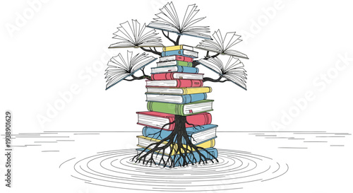 A tree grows from a stack of books symbolizing knowledge and growth
