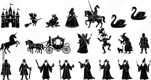 Fairy tale fantasy silhouette vector illustration, castle, princess, knight, unicorn, carriage, goblin, swan, sorceress, medieval story, magic, art