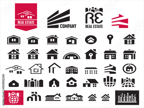 Set of real estate icons including house, building, location, construction and property symbols ideal for real estate websites, property listings and housing services.