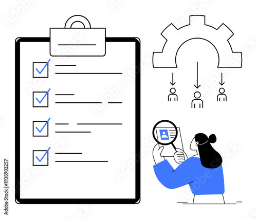 Workflow management. A checklist, gear process flow, and a character analyzing data workflow management. Workflow automation, task prioritization, workplace productivity, data analysis, process