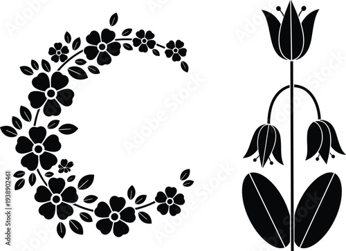 Floral alphabet letter C with decorative flower wreath and botanical tulip plant silhouette design isolated for nature typography - flat vector illustration