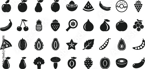 fruits, vegetables, food, icons, healthy, organic, nutrition, fresh, natural, vegan, vegetarian, produce, harvest, diet, grocery, plant, agriculture, market, cooking, vector