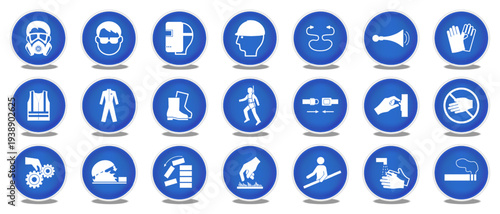 Set of mandatory safety signs. Warning signs symbol. Mandatory signs. Work safety equipment icons set.