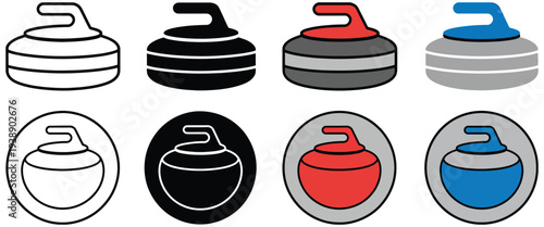 Curling rock or stone clipart set, featuring outline, silhouette, and color illustrations, ideal for sports graphics, curling events, and vector design projects.
