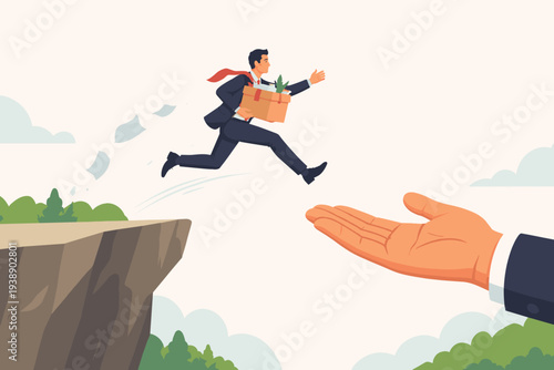 Businessman jumping off a cliff with a box of office belongings towards a giant helping hand, representing career change, job transition, new opportunity, resignation, and professional growth.