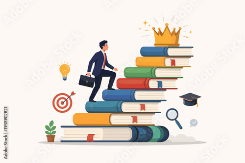 Businessman climbing a staircase of books to reach a golden crown, representing career success through education, knowledge, professional development, learning, and goal achievement concept.