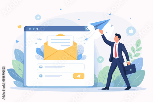 Professional Businessman Launching Paper Airplane for Email Marketing Campaign, Newsletter Subscription Form with Envelope and Message, Digital Communication and Business Promotion Concept