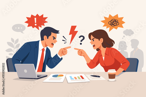 Angry business man and woman arguing in office meeting, pointing fingers at each other with lightning and exclamation icons, conflict, disagreement, work stress, professional debate, vector
